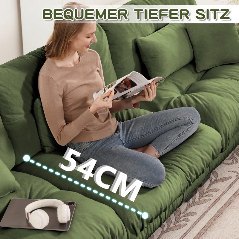 Canapé d'angle 3 places capitonné en chenille vert, avec pouf 313x145cm ELEGANT WALL HOME