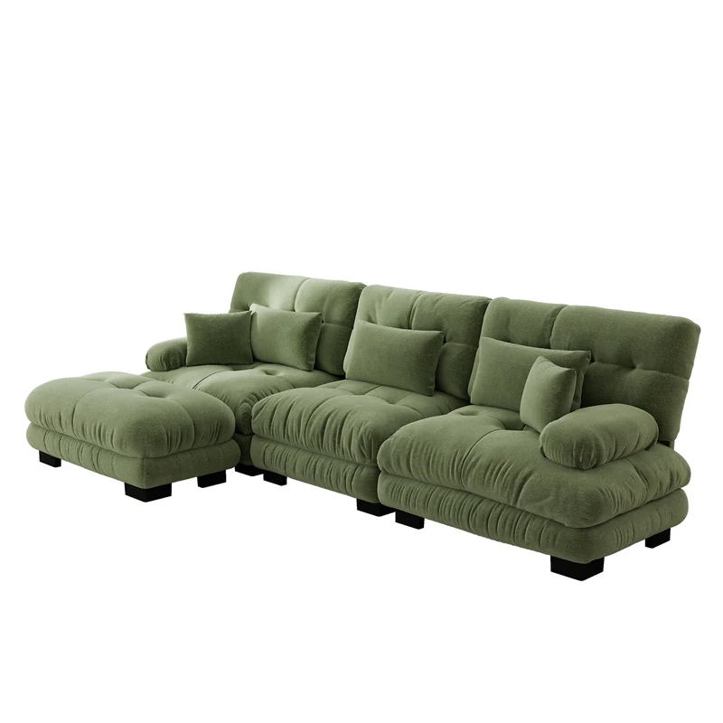 Canapé d'angle 3 places capitonné en chenille vert, avec pouf 313x145cm ELEGANT WALL HOME