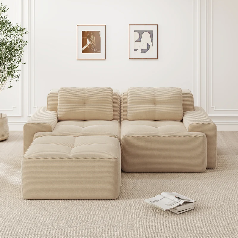 Canapé d'angle 2 places modulable en velours côtelé beige avec pouf, sans montage FABRIC PANEL