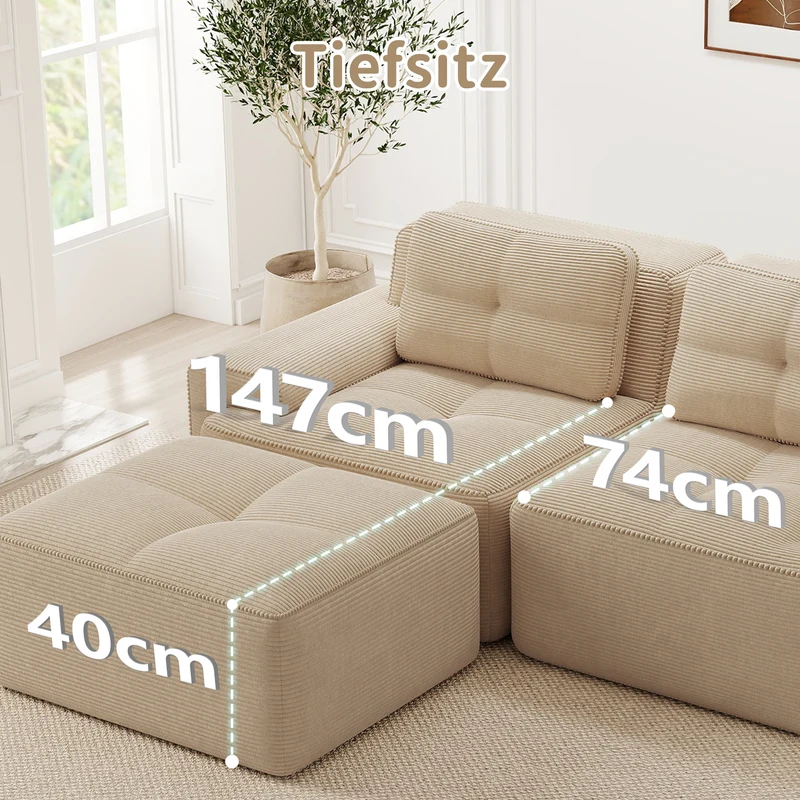 Canapé d'angle 2 places modulable en velours côtelé beige avec pouf, sans montage FABRIC PANEL