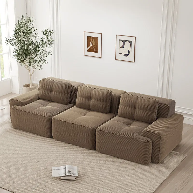 Canapé modulable 3 places capitonné en velours côtelé marron, sans montage FABRIC SOFA