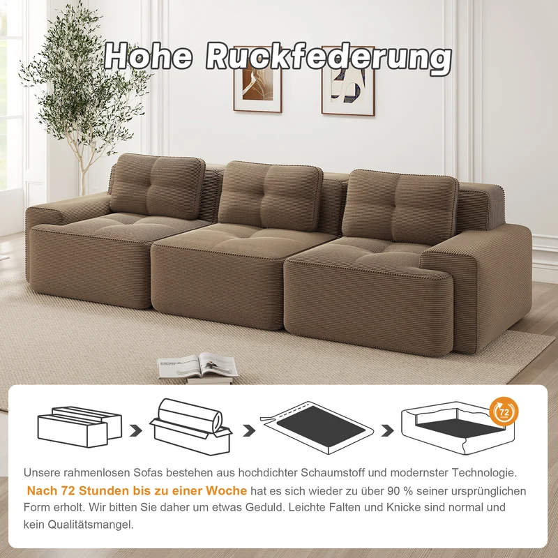 Canapé modulable 3 places capitonné en velours côtelé marron, sans montage FABRIC SOFA