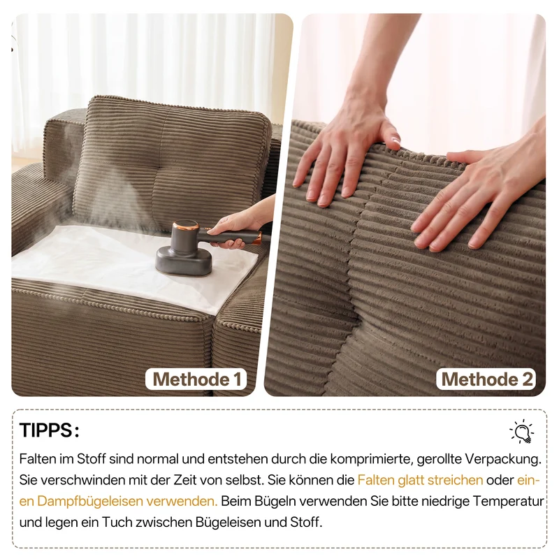 Canapé modulable 3 places capitonné en velours côtelé marron, sans montage FABRIC SOFA