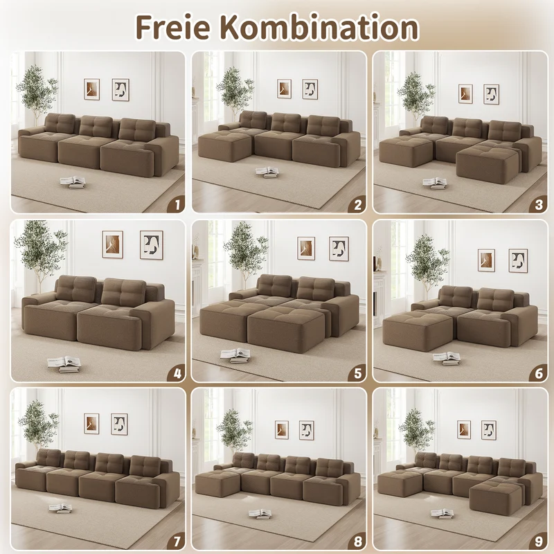 Canapé modulable 3 places capitonné en velours côtelé marron, sans montage FABRIC SOFA