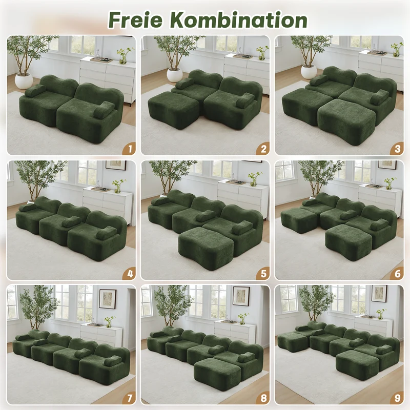 Canapé modulaire 2 places en velours vert foncé, forme ondulée, sans montage ELEGANT VASE HOME