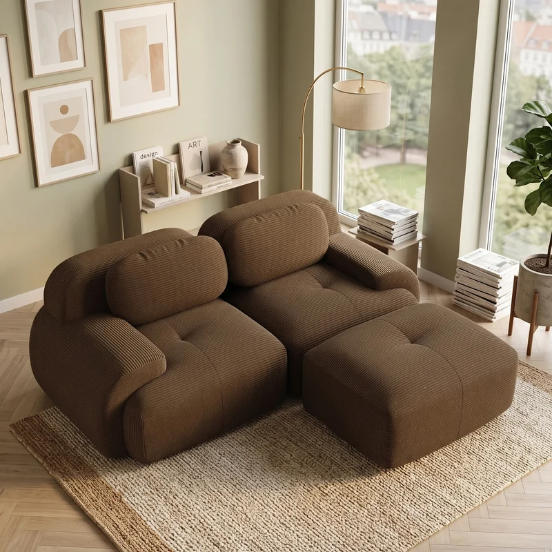 Canapé d'angle modulable en velours côtelé marron avec pouf et accoudoirs courbés, sans montage FLEX CEILING