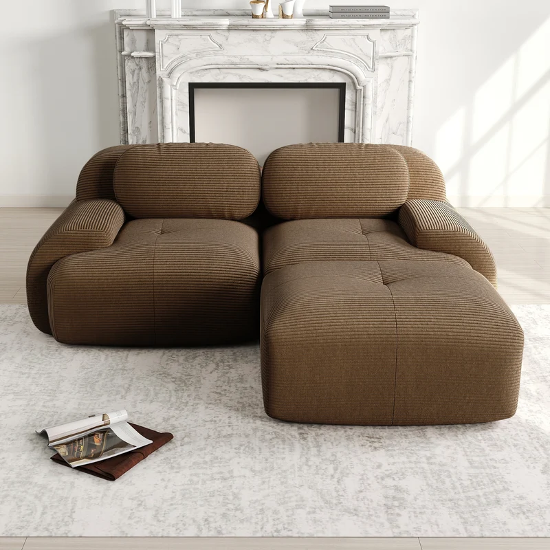 Canapé d'angle modulable en velours côtelé marron avec pouf et accoudoirs courbés, sans montage FLEX CEILING