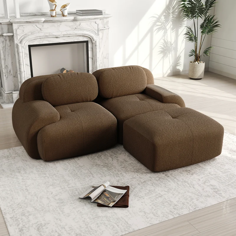 Canapé d'angle modulable en velours côtelé marron avec pouf et accoudoirs courbés, sans montage FLEX CEILING