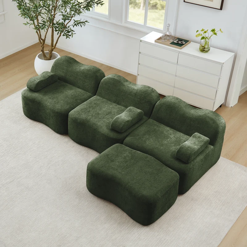 Canapé d'angle modulaire 3 places en velours vert avec pouf, forme vague, assise profonde, sans montage ELEGANT VASE ART