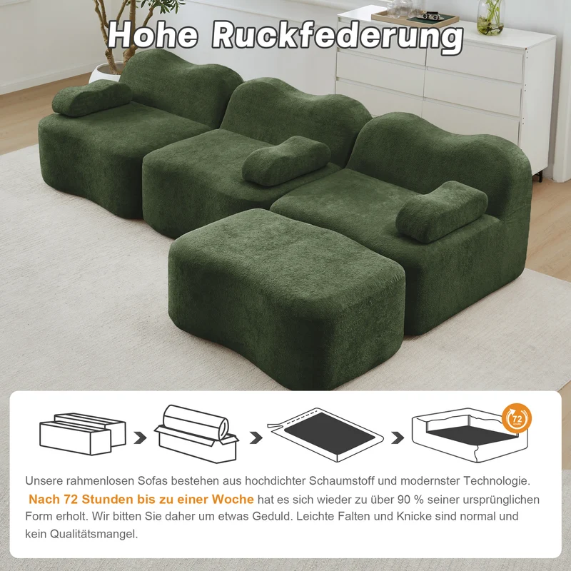 Canapé d'angle modulaire 3 places en velours vert avec pouf, forme vague, assise profonde, sans montage ELEGANT VASE ART