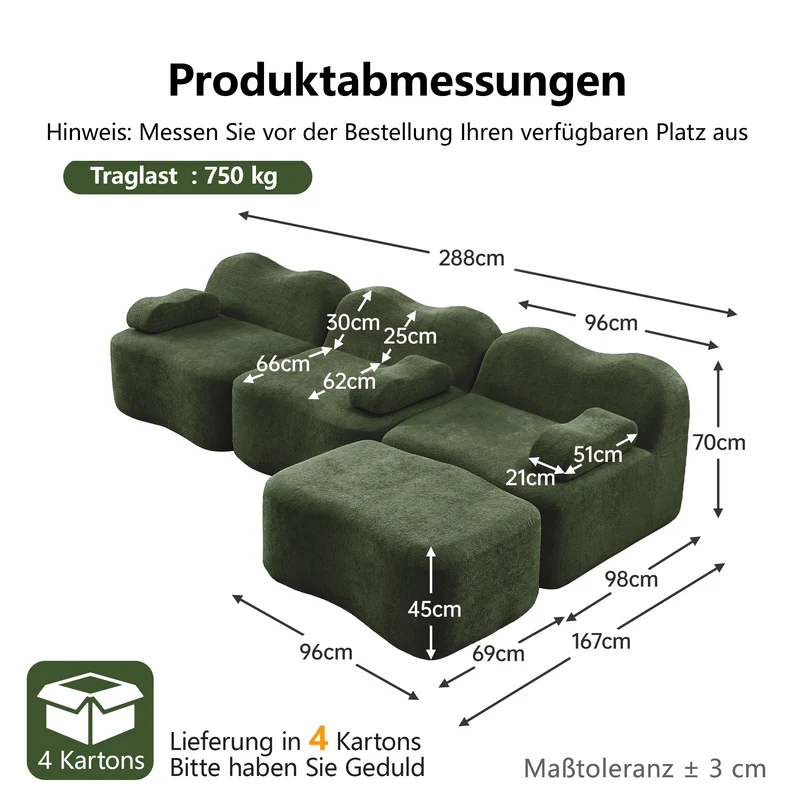 Canapé d'angle modulaire 3 places en velours vert avec pouf, forme vague, assise profonde, sans montage ELEGANT VASE ART