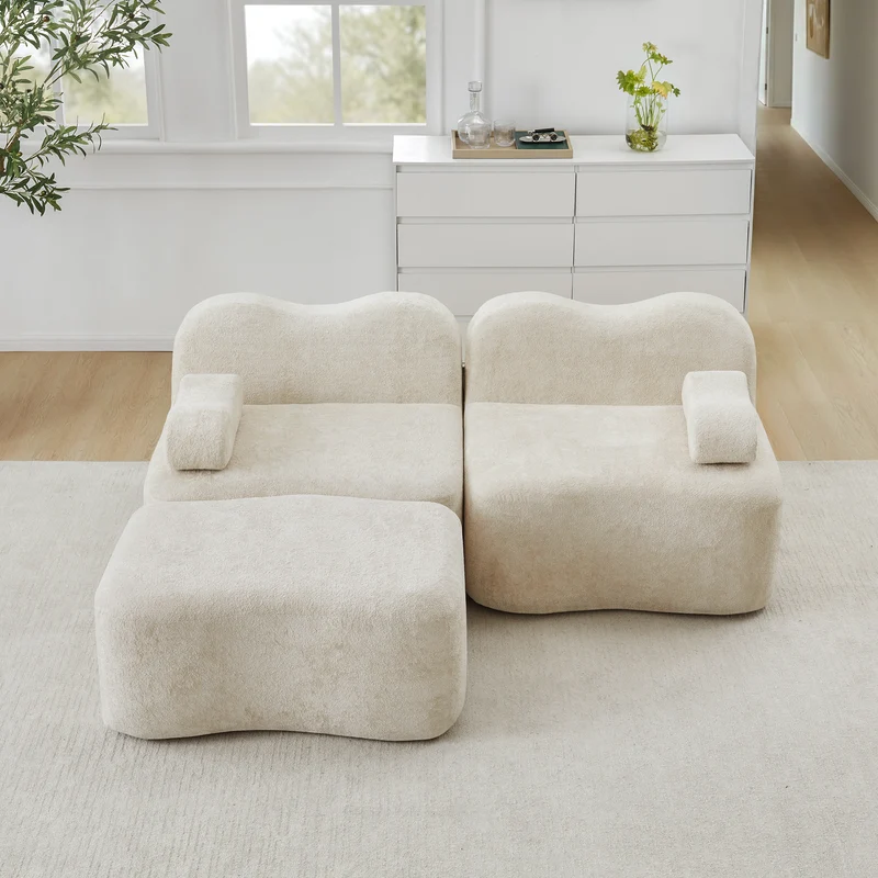 Canapé d'angle modulaire 2 places en velours beige avec pouf, forme vague, sans montage ELEGANT VANITY SET