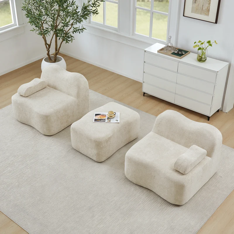 Canapé d'angle modulaire 2 places en velours beige avec pouf, forme vague, sans montage ELEGANT VANITY SET