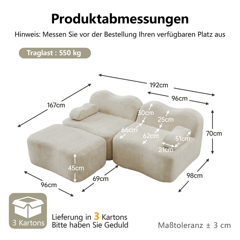 Canapé d'angle modulaire 2 places en velours beige avec pouf, forme vague, sans montage ELEGANT VANITY SET