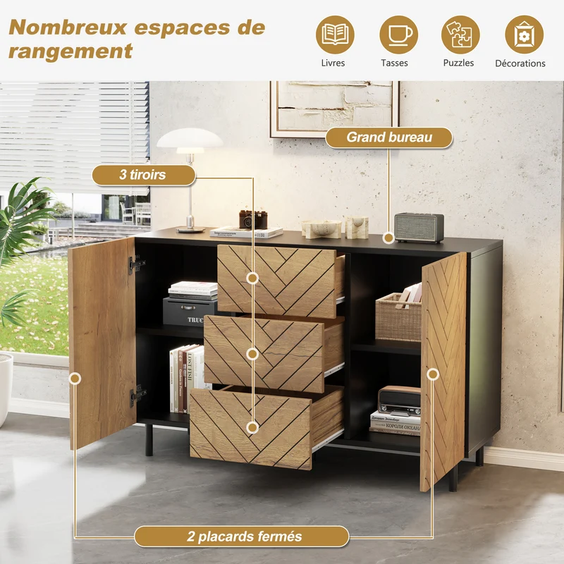 Buffet effet bois motif chevron 2 portes 3 tiroirs 120x40x76 cm ELEGANT TRAY SET