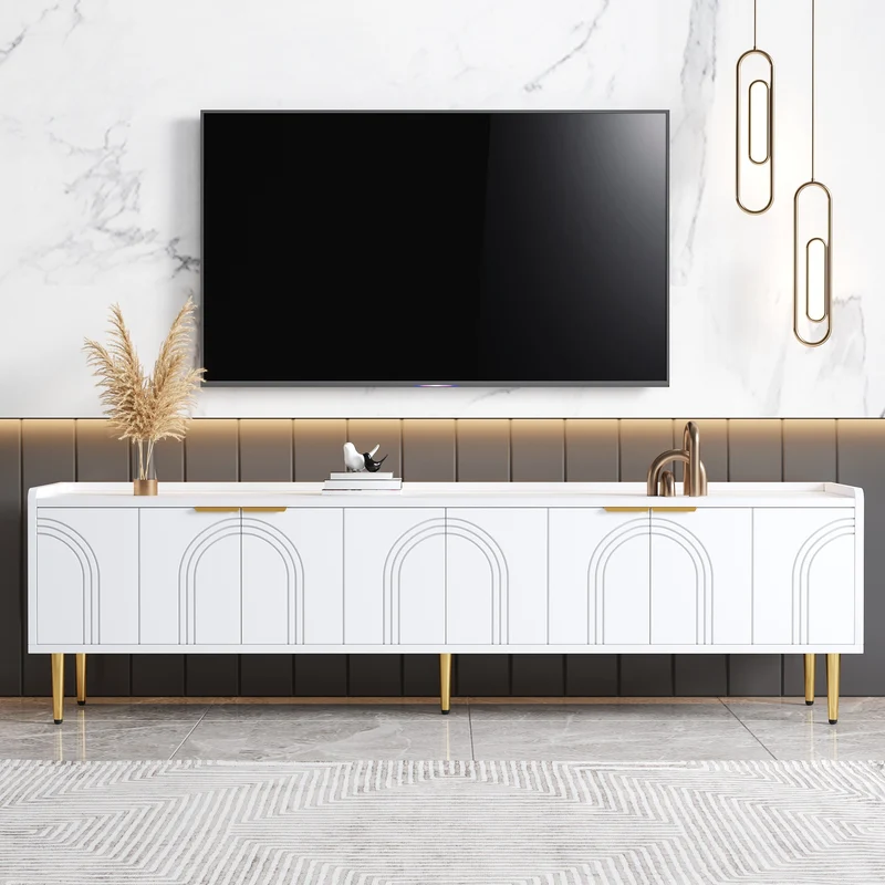 Meuble TV bas blanc 170 cm poignées et pieds dorés style moderne et élégant RANGELANDGLUME