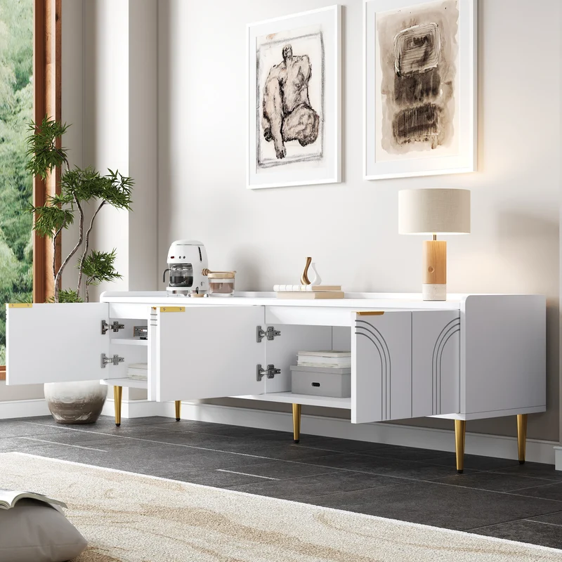 Meuble TV bas blanc 170 cm poignées et pieds dorés style moderne et élégant RANGELANDGLUME