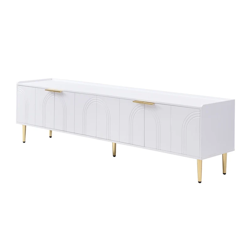 Meuble TV bas blanc 170 cm poignées et pieds dorés style moderne et élégant RANGELANDGLUME