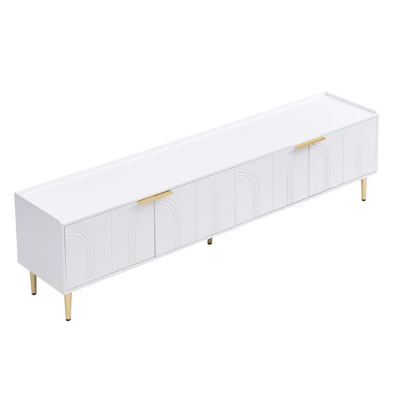 Meuble TV bas blanc 170 cm poignées et pieds dorés style moderne et élégant RANGELANDGLUME