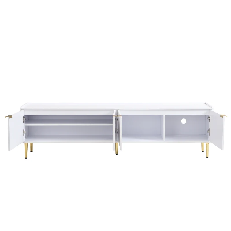 Meuble TV bas blanc 170 cm poignées et pieds dorés style moderne et élégant RANGELANDGLUME