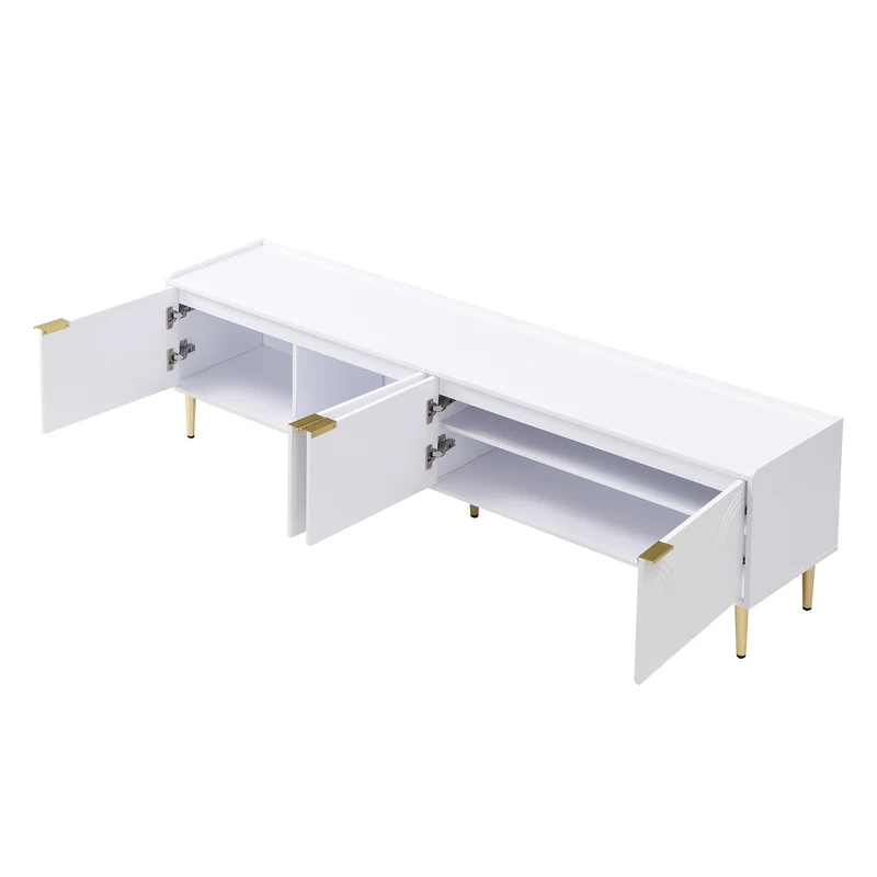 Meuble TV bas blanc 170 cm poignées et pieds dorés style moderne et élégant RANGELANDGLUME