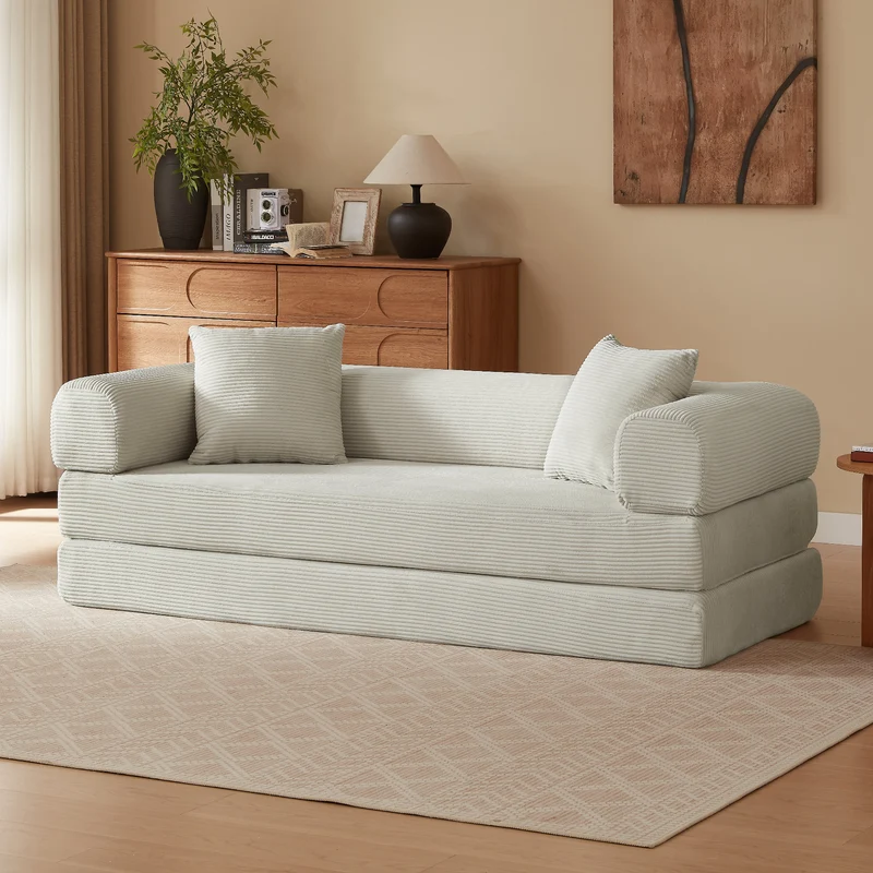 Canapé 3 places modulable convertible sans armature, velours beige, style tatami 195x89x59cm NEXUSLOTH