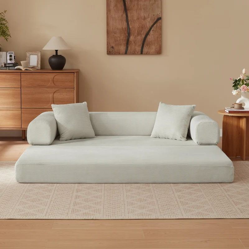 Canapé 3 places modulable convertible sans armature, velours beige, style tatami 195x89x59cm NEXUSLOTH