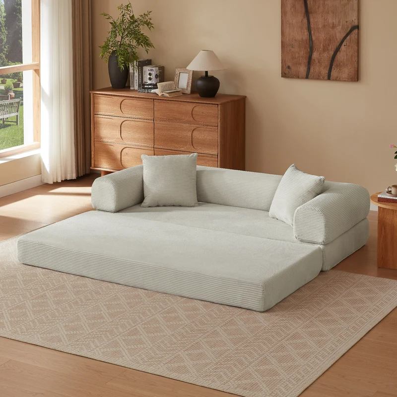 Canapé 3 places modulable convertible sans armature, velours beige, style tatami 195x89x59cm NEXUSLOTH