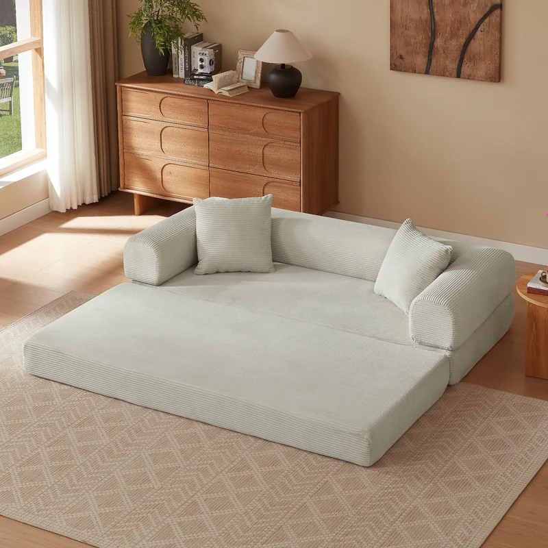 Canapé 3 places modulable convertible sans armature, velours beige, style tatami 195x89x59cm NEXUSLOTH