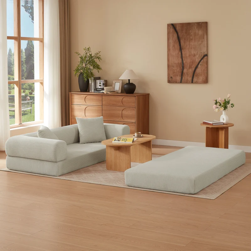Canapé 3 places modulable convertible sans armature, velours beige, style tatami 195x89x59cm NEXUSLOTH