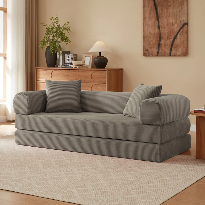 Canapé 3 places modulable convertible sans armature, velours taupe, style tatami 195x89x59cm MERIDIANLIRA