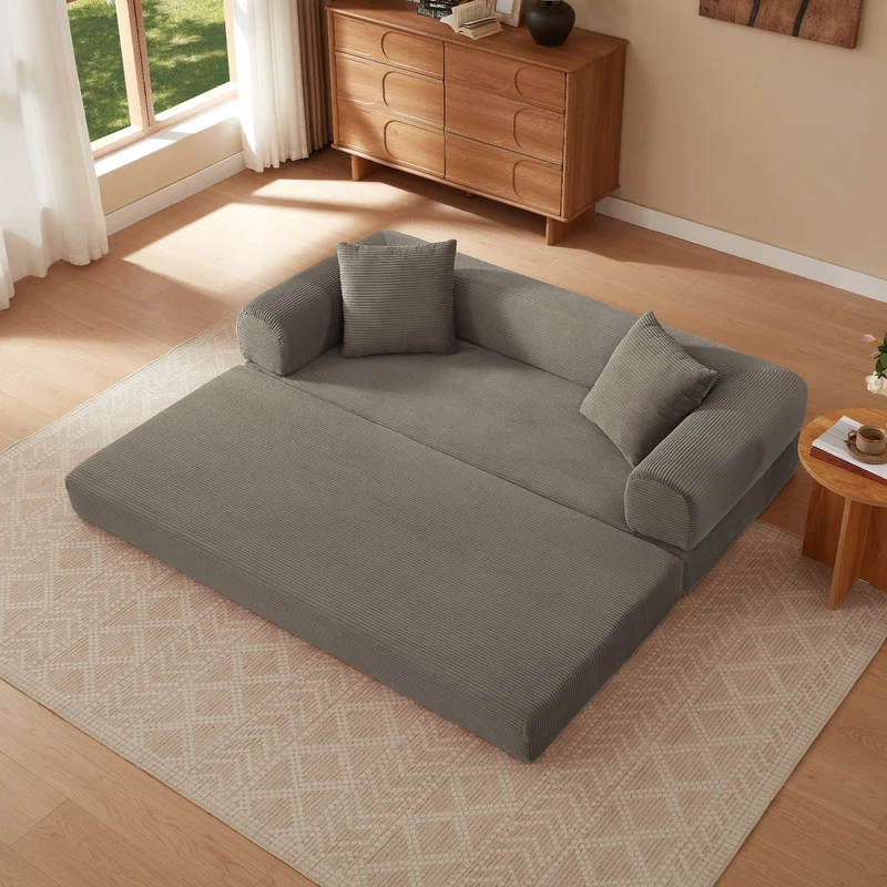 Canapé 3 places modulable convertible sans armature, velours taupe, style tatami 195x89x59cm MERIDIANLIRA