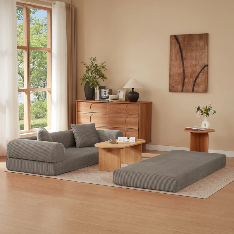 Canapé 3 places modulable convertible sans armature, velours taupe, style tatami 195x89x59cm MERIDIANLIRA