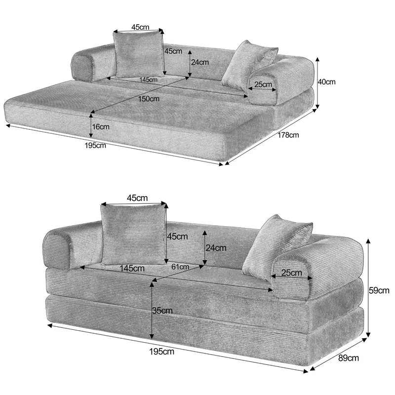 Canapé 3 places modulable convertible sans armature, velours taupe, style tatami 195x89x59cm MERIDIANLIRA