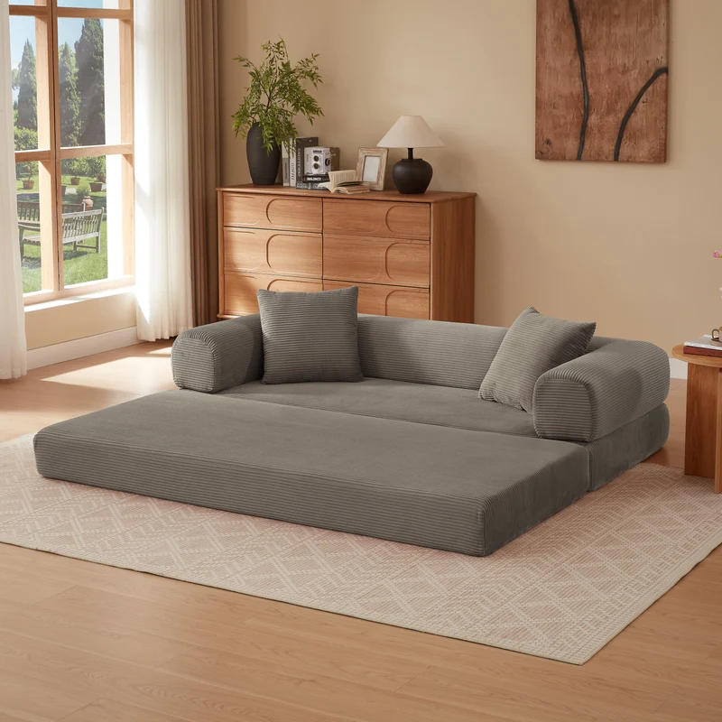 Canapé 3 places modulable convertible sans armature, velours taupe, style tatami 195x89x59cm MERIDIANLIRA
