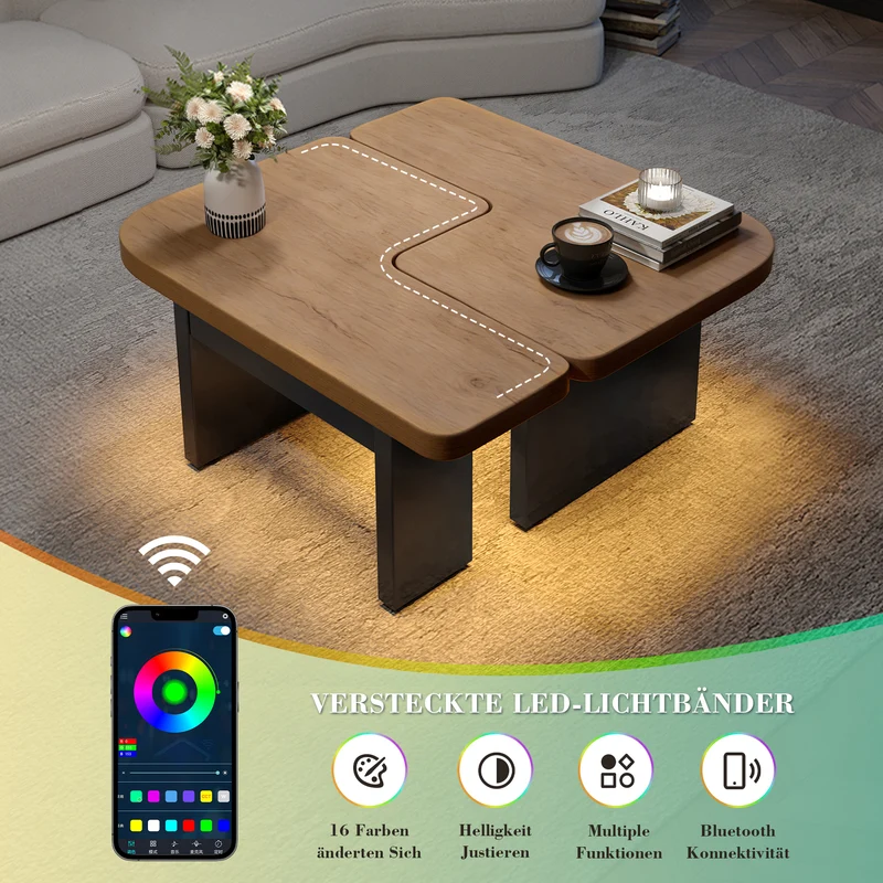 Set de 2 tables basses gigognes effet bois et design en S avec éclairage LED intégré et 2 tiroirs