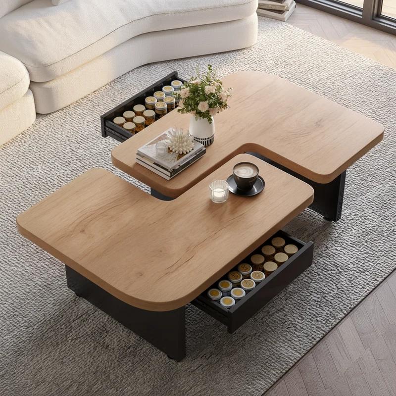 Set de 2 tables basses gigognes effet bois et design en S avec éclairage LED intégré et 2 tiroirs