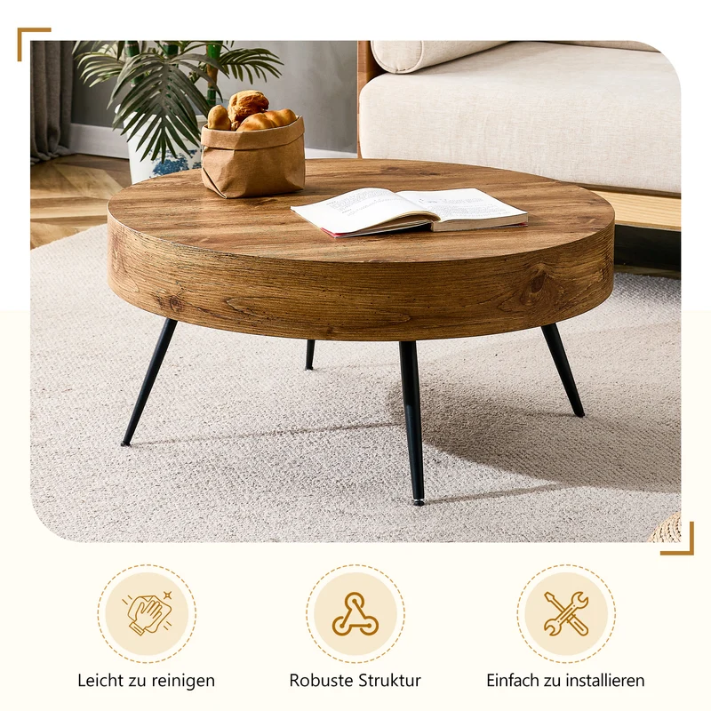 Table basse ronde 70 cm effet bois MDF pieds métal noir VISTALON