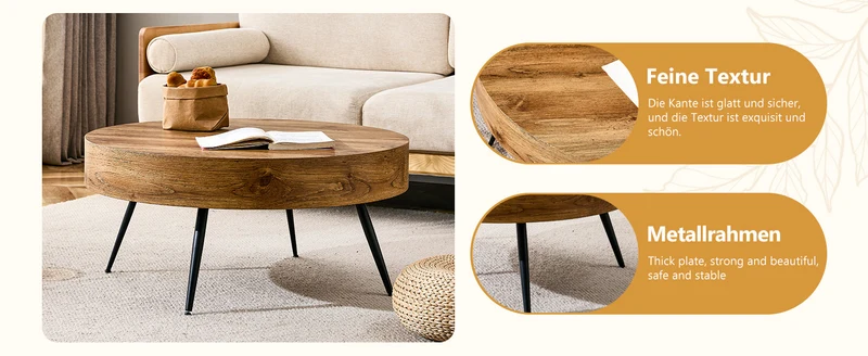 Table basse ronde 70 cm effet bois MDF pieds métal noir VISTALON