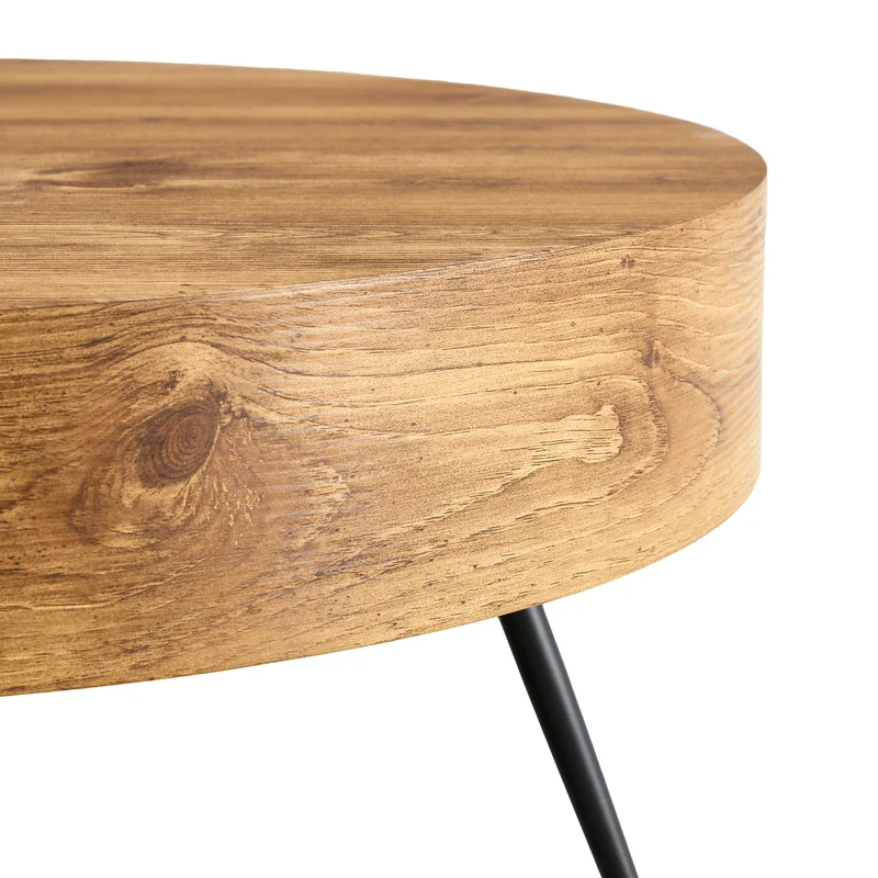 Table basse ronde 70 cm effet bois MDF pieds métal noir VISTALON