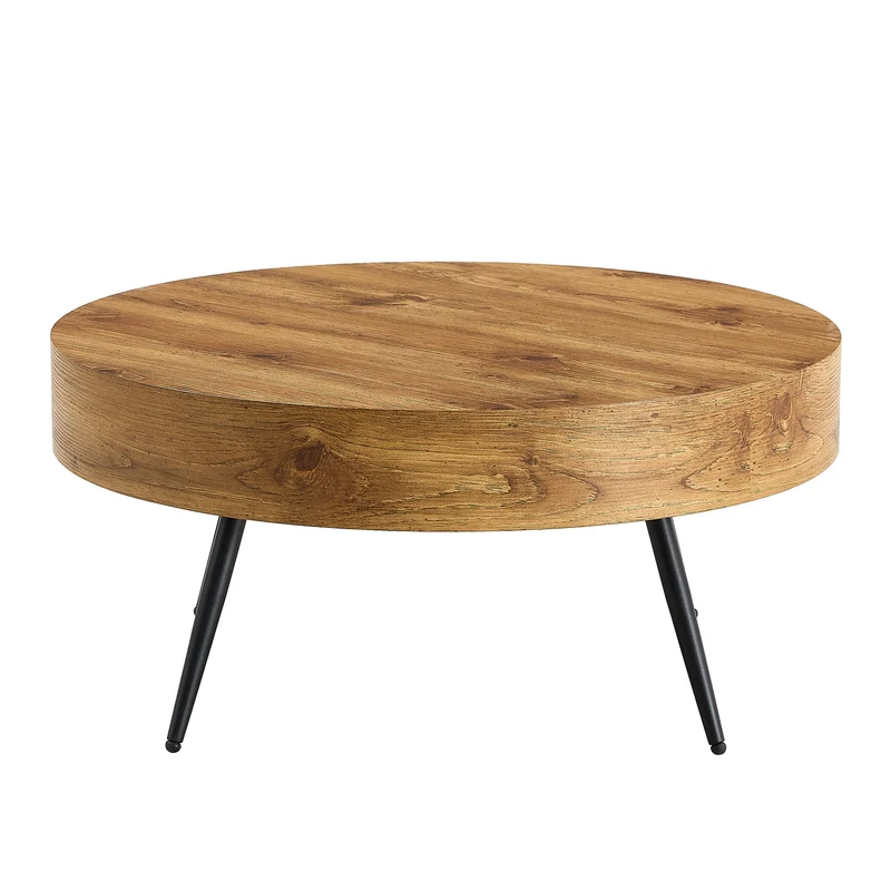 Table basse ronde 70 cm effet bois MDF pieds métal noir VISTALON