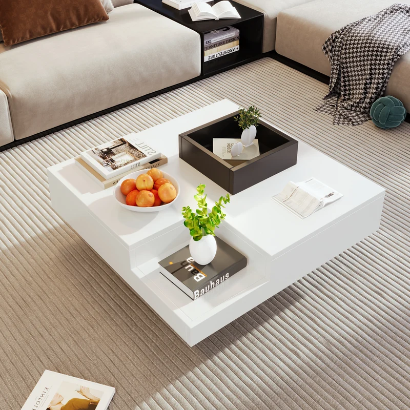 Table basse carrée blanc brillant noir bicolore éclairage LED avec boîte de rangement amovible CROKS WHITE