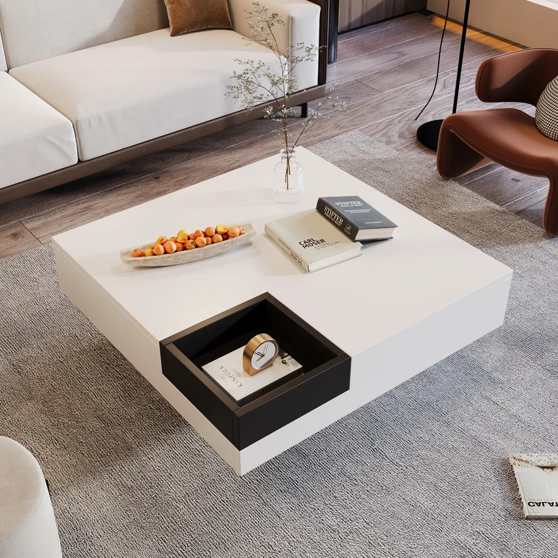Table basse carrée blanc brillant noir bicolore éclairage LED avec boîte de rangement amovible CROKS WHITE