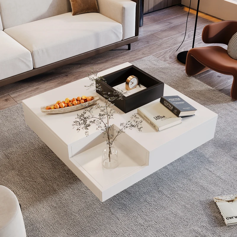 Table basse carrée blanc brillant noir bicolore éclairage LED avec boîte de rangement amovible CROKS WHITE