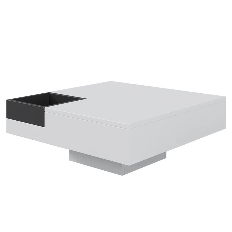 Table basse carrée blanc brillant noir bicolore éclairage LED avec boîte de rangement amovible CROKS WHITE