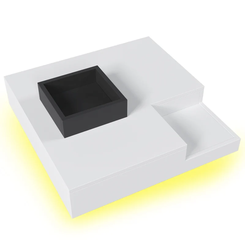 Table basse carrée blanc brillant noir bicolore éclairage LED avec boîte de rangement amovible CROKS WHITE
