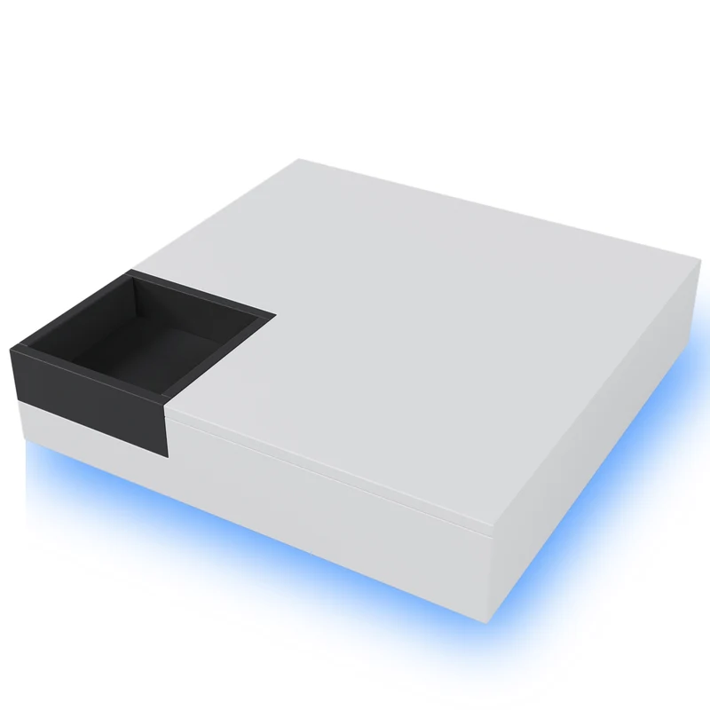 Table basse carrée blanc brillant noir bicolore éclairage LED avec boîte de rangement amovible CROKS WHITE