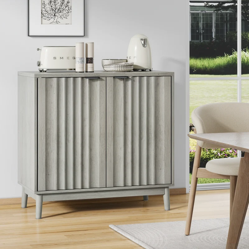 Buffet effet bois gris bords rainurés 2 portes 80*39*85cm VUHLOS