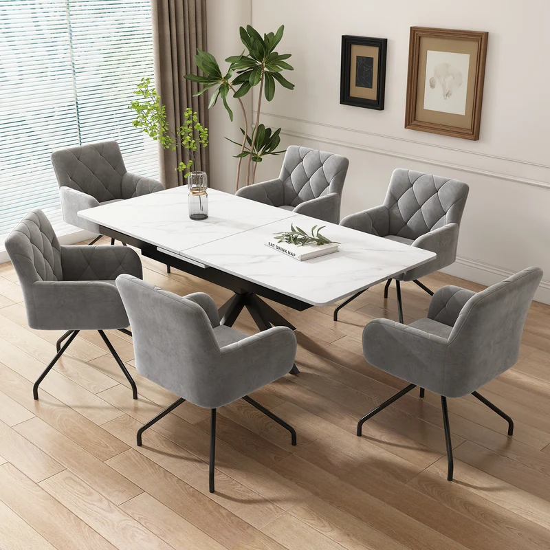 Lot de 2 chaises de salle à manger velours gris clair motif en losange pieds en métal noir FALMELS