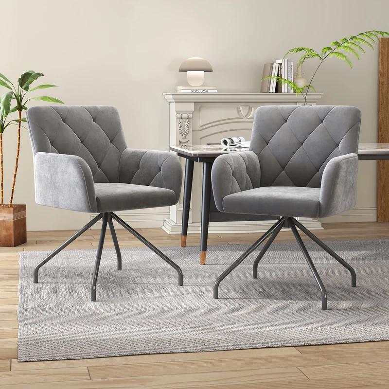 Lot de 2 chaises de salle à manger velours gris clair motif en losange pieds en métal noir FALMELS